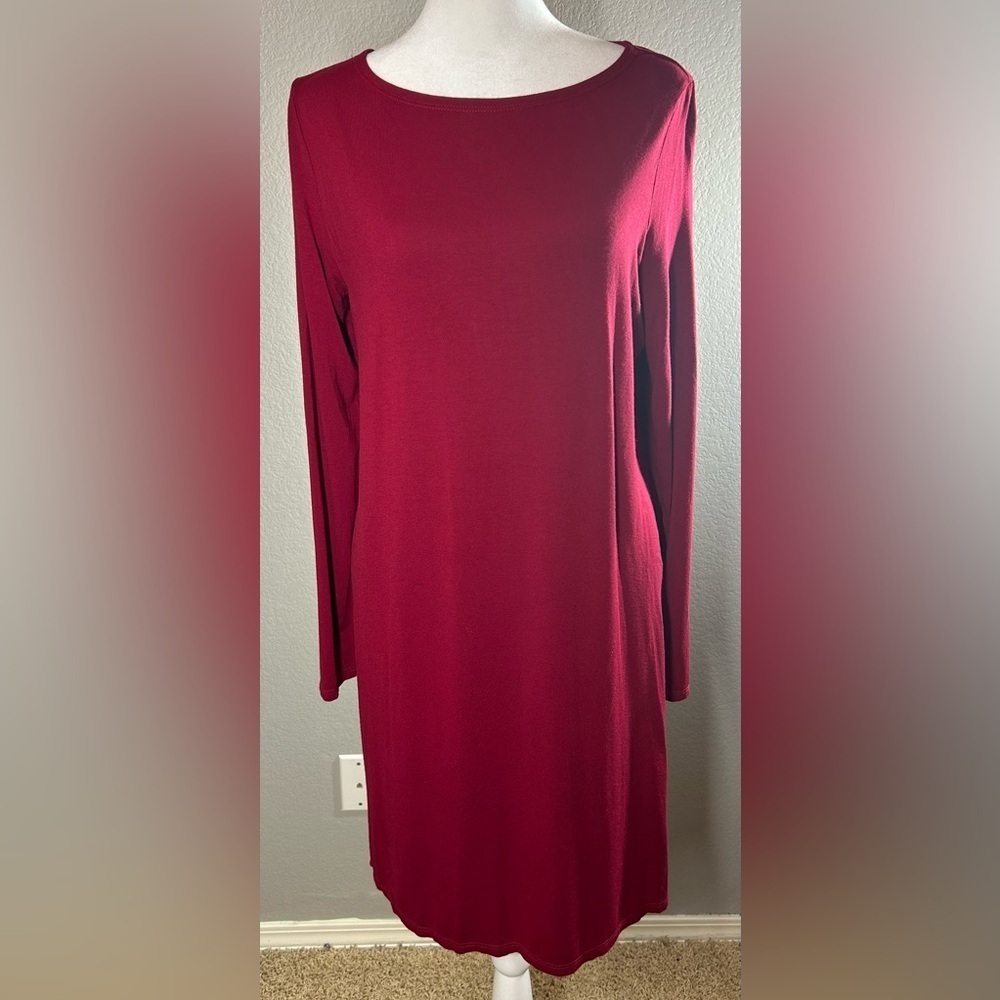 Eileen Fisher Dark Red Long Sleeve Jersey Dress Sz SP Minimalist Quietly Luxury